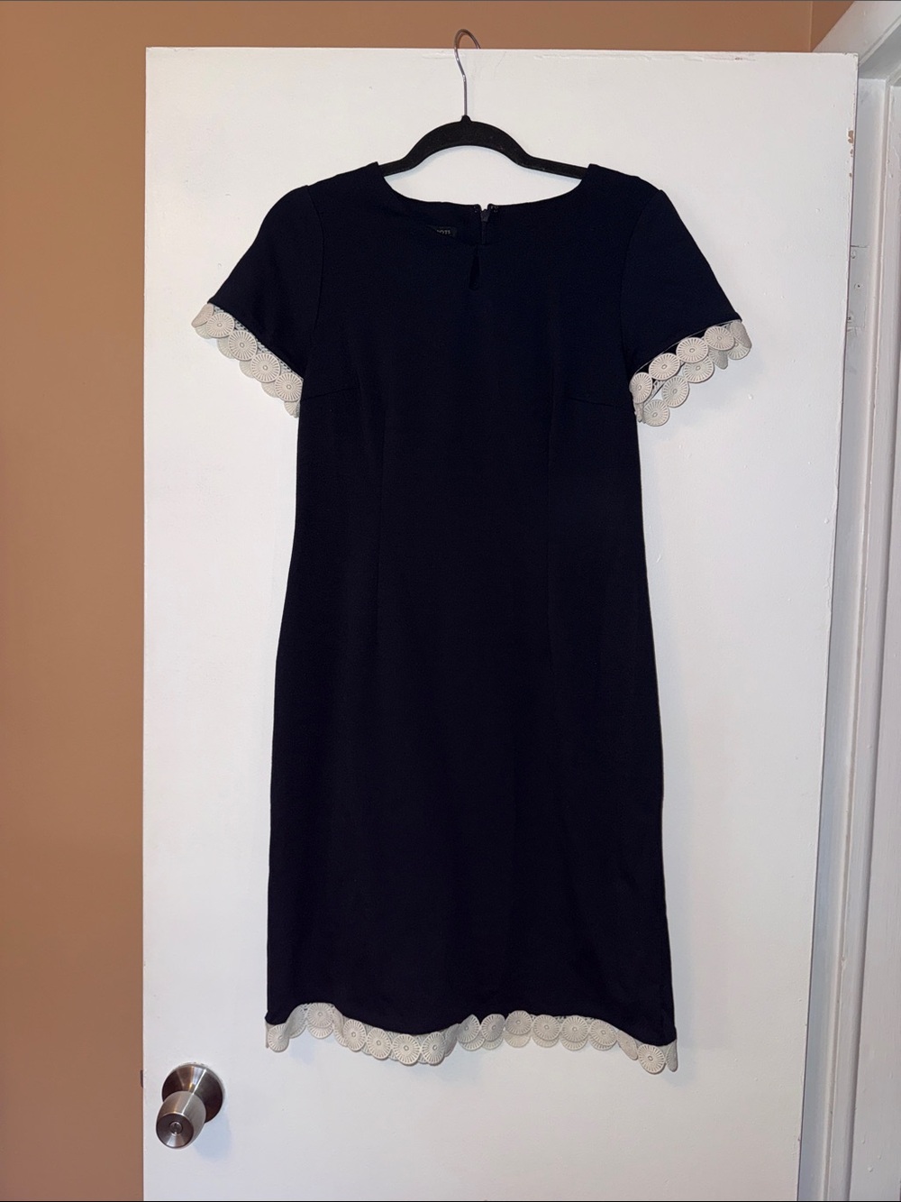 Talbots Navy Blue Midi Shift Dress with Cream Scallop Trim